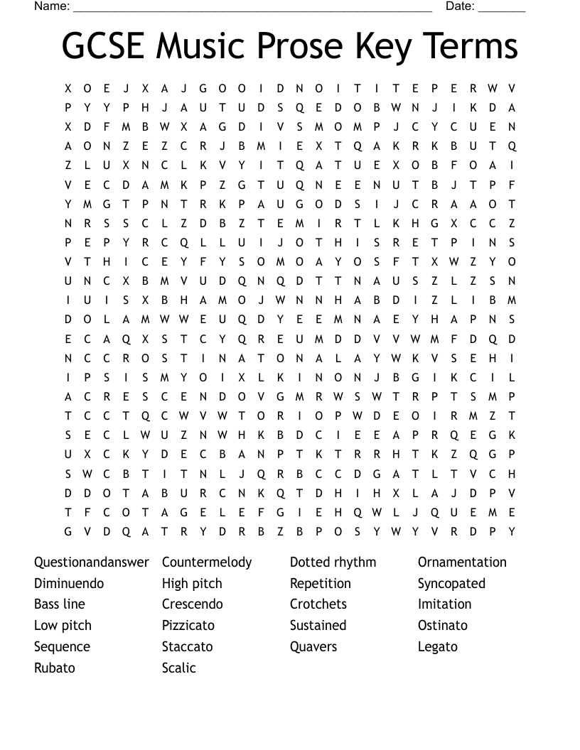 GCSE Music Prose Key Terms Word Search