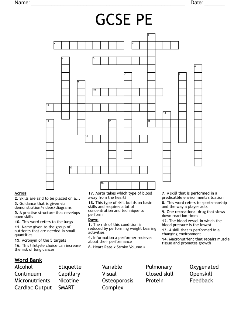 GCSE PE Crossword