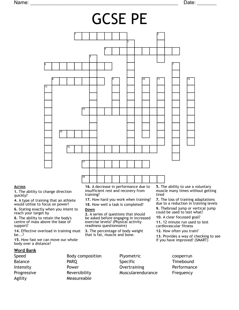 GCSE PE  Crossword