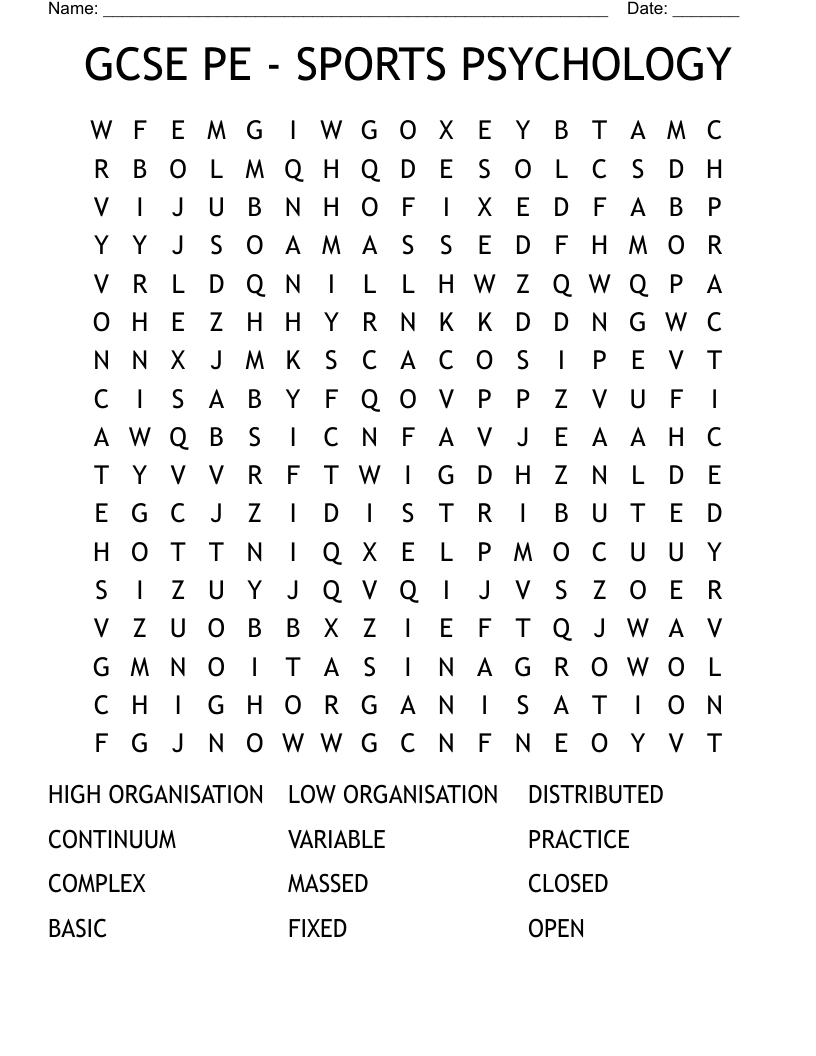 GCSE PE - SPORTS PSYCHOLOGY Word Search