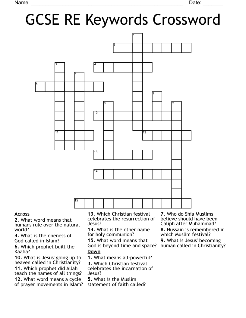 GCSE RE Keywords Crossword