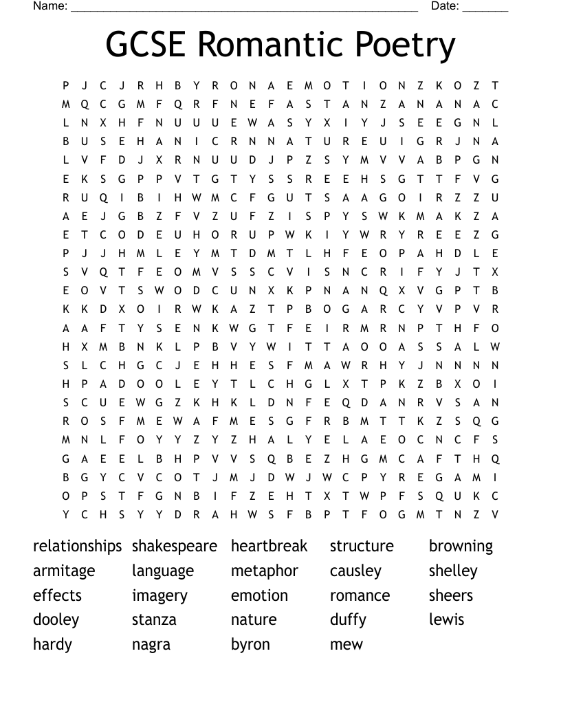 GCSE Romantic Poetry Word Search
