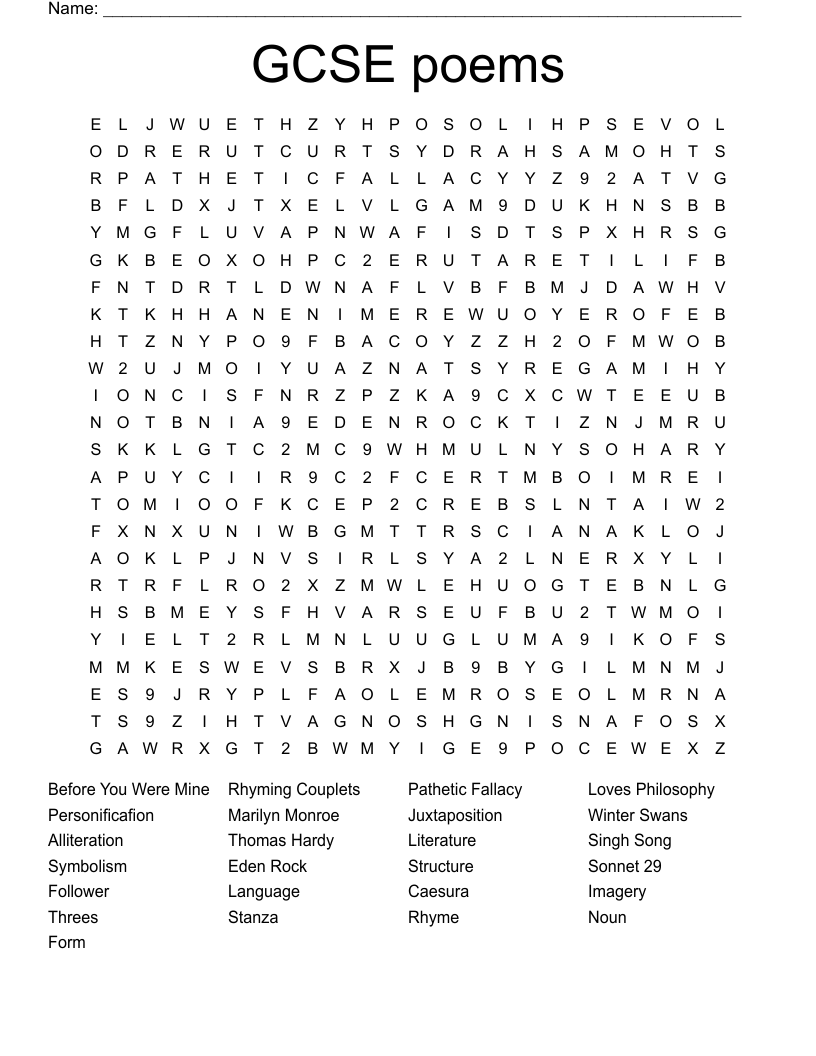 GCSE poems Word Search