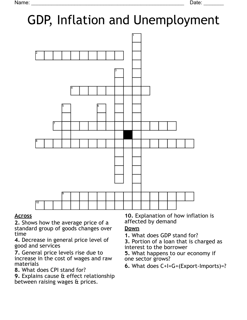 GDP, Inflation and Unemployment  Crossword