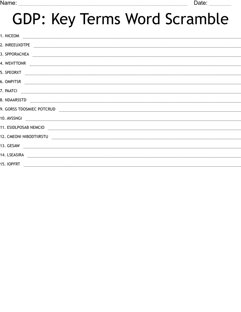 GDP: Key Terms Word Scramble