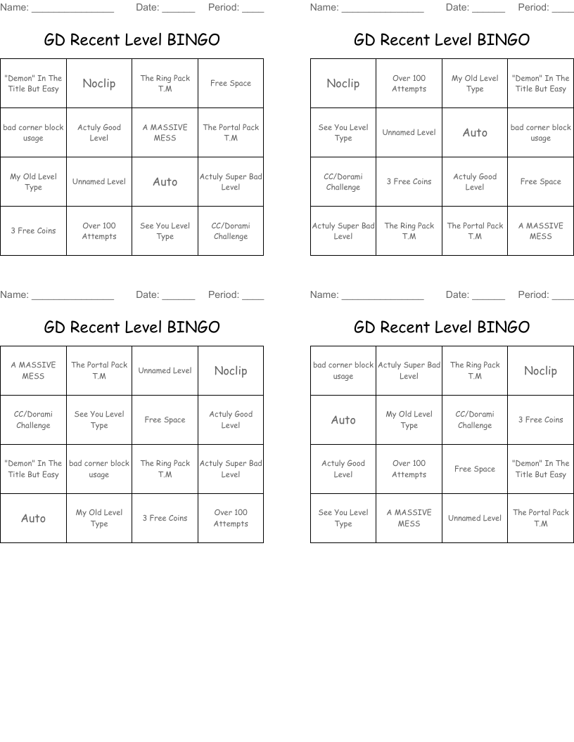 GD Recent Level BINGO