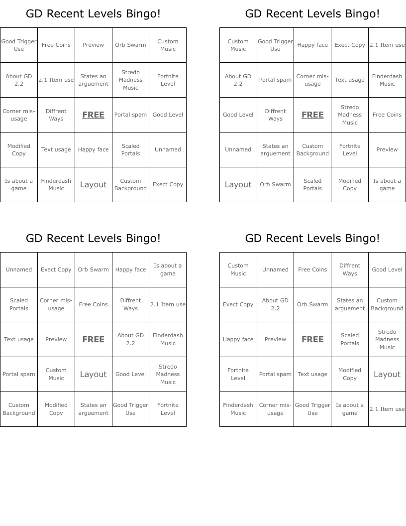 GD Recent Levels Bingo!