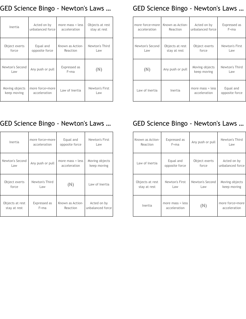 GED Science Bingo - Newton's Laws of Motion