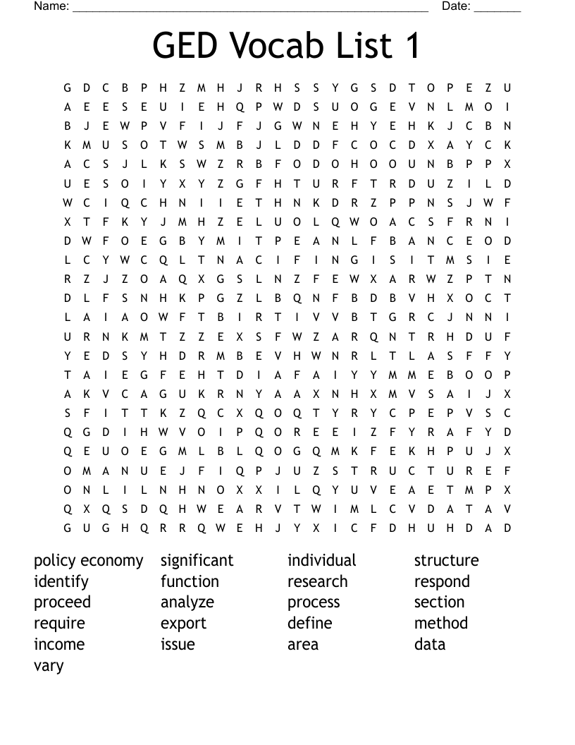 GED Vocab List 1 Word Search
