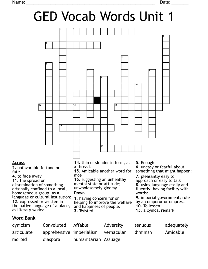 GED Vocab Words Unit 1  Crossword