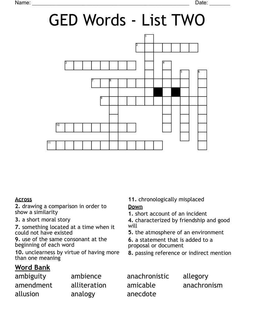 GED Words - List TWO Crossword