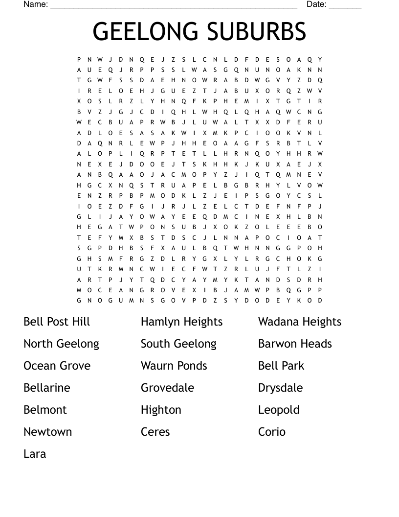 GEELONG SUBURBS Word Search