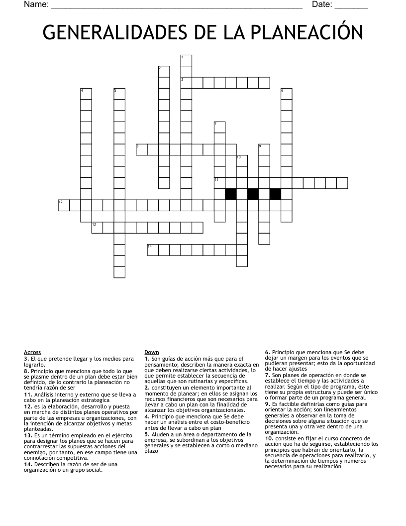 GENERALIDADES DE LA PLANEACIÓN Crossword