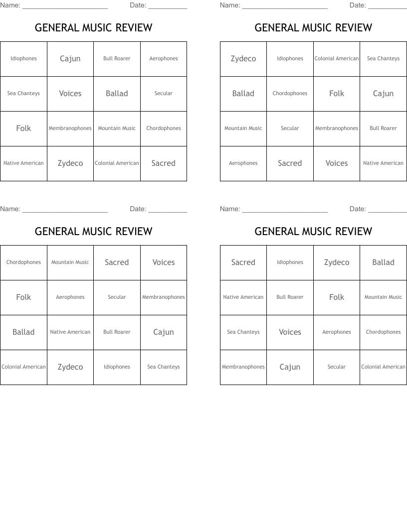 GENERAL MUSIC REVIEW Bingo Cards