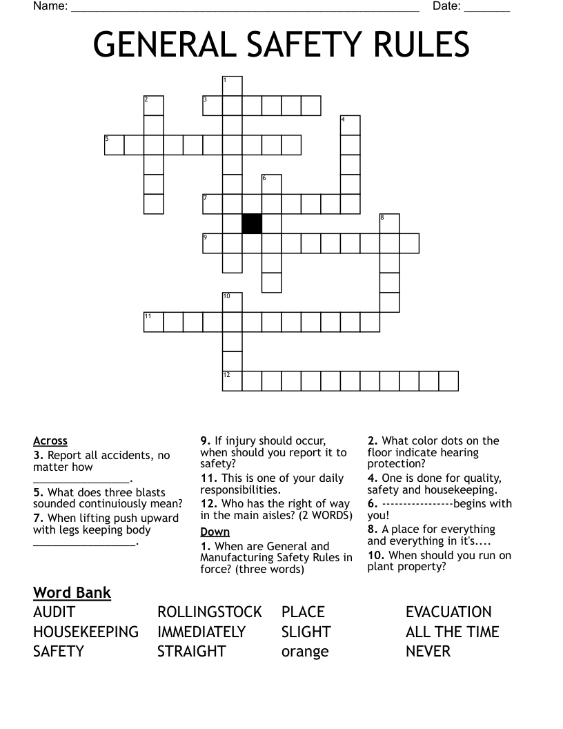 GENERAL SAFETY RULES Crossword