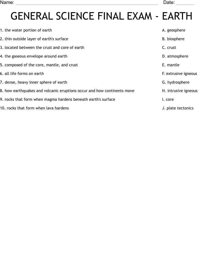 GENERAL SCIENCE FINAL EXAM - EARTH Worksheet