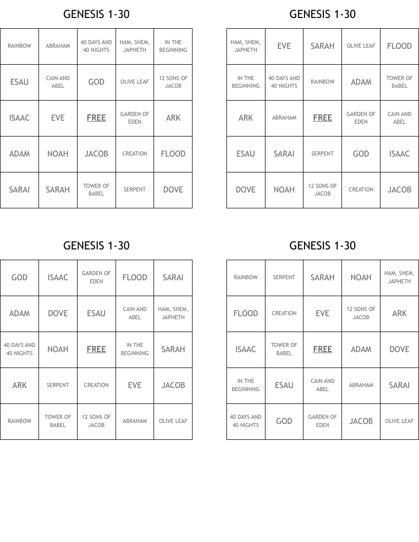 GENESIS 1-30 Bingo Cards