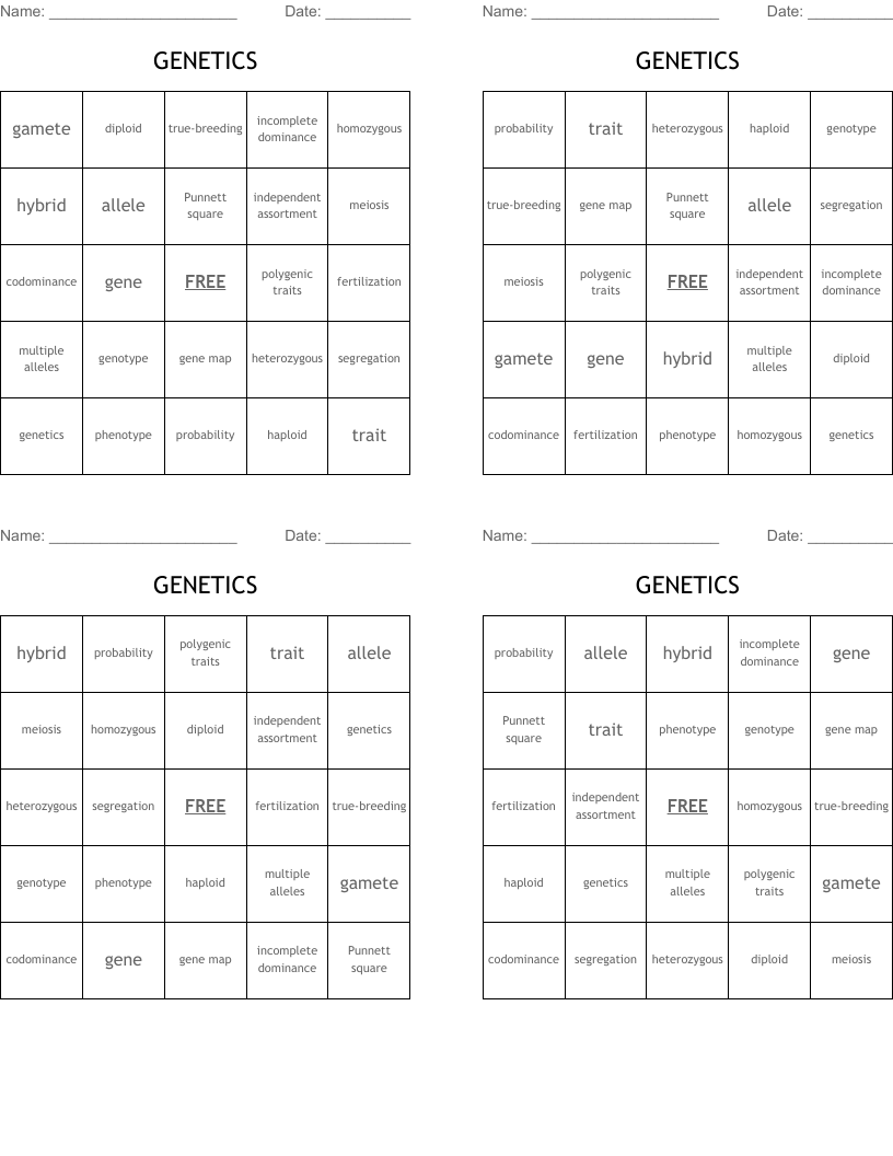 GENETICS Bingo Cards