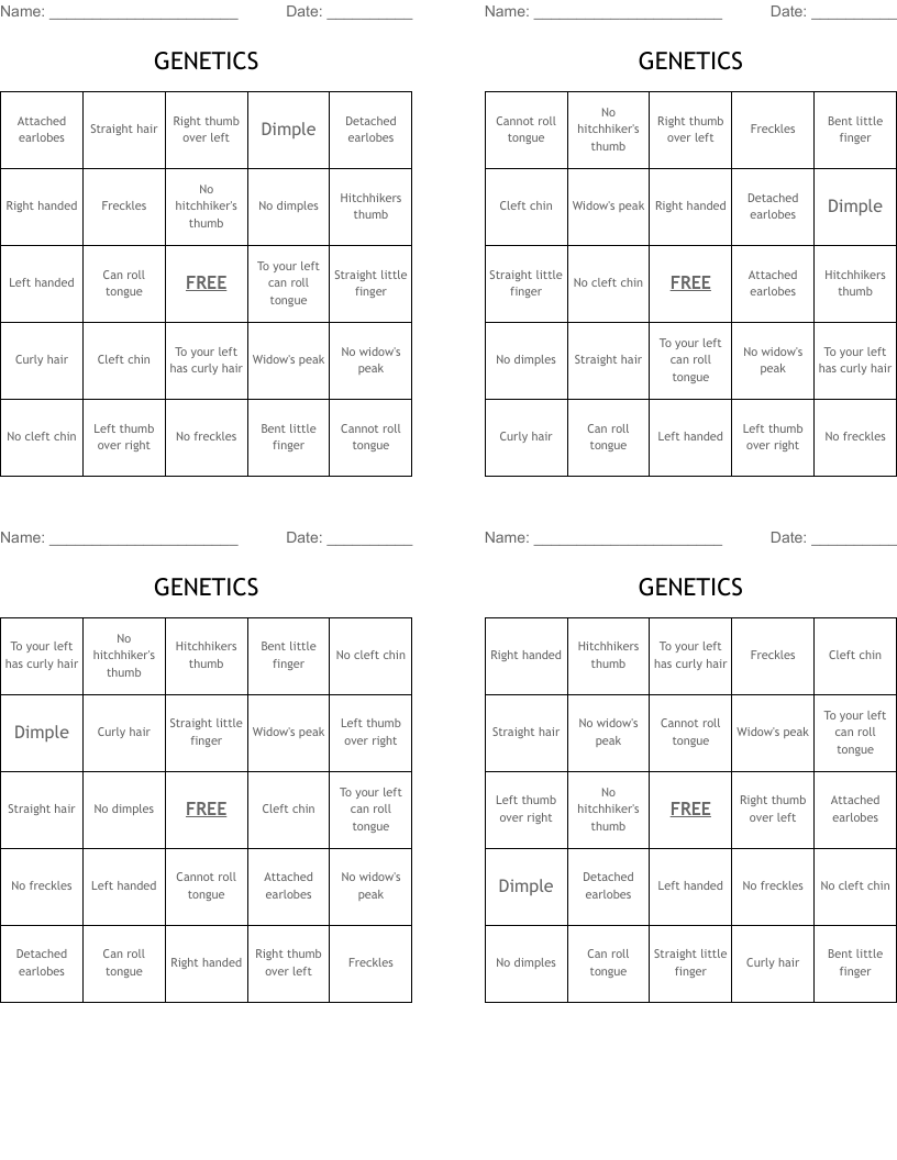 GENETICS Bingo Cards