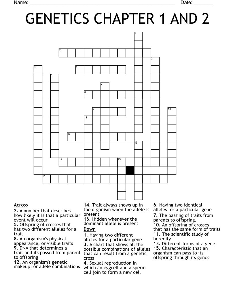 GENETICS CHAPTER 1 AND 2 Crossword