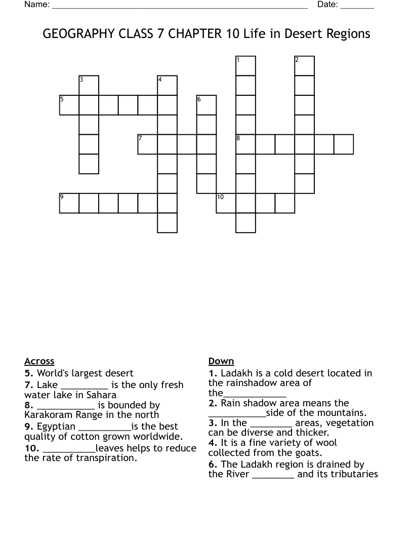 GEOGRAPHY CLASS 7 CHAPTER 10 Life in Desert Regions Crossword