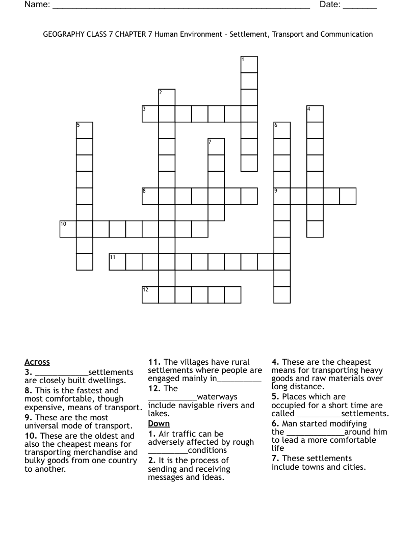 GEOGRAPHY CLASS 7 CHAPTER 7 Human Environment – Settlement, Transport and Communication Crossword
