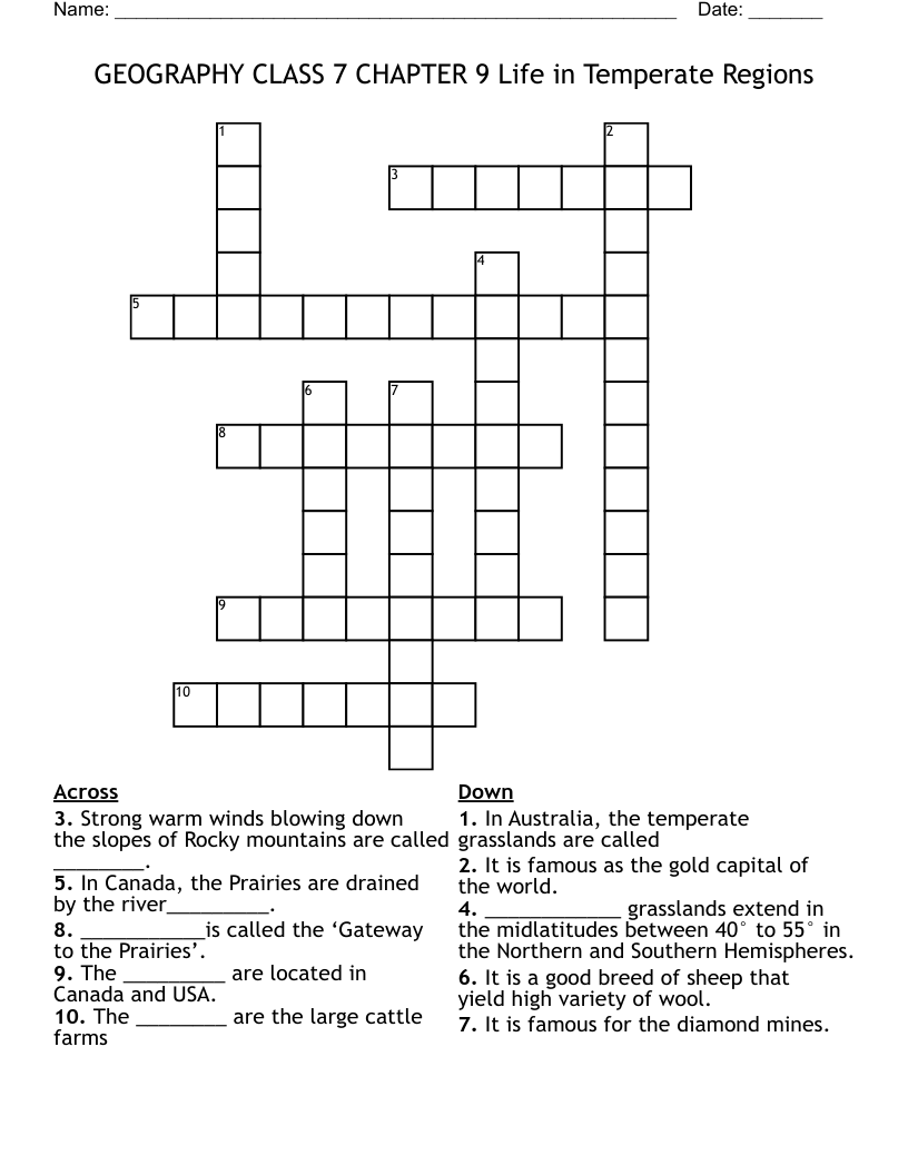 GEOGRAPHY CLASS 7 CHAPTER 9 Life in Temperate Regions Crossword