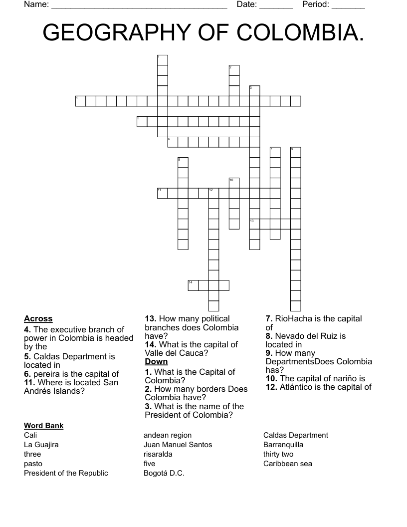 GEOGRAPHY OF COLOMBIA. Crossword