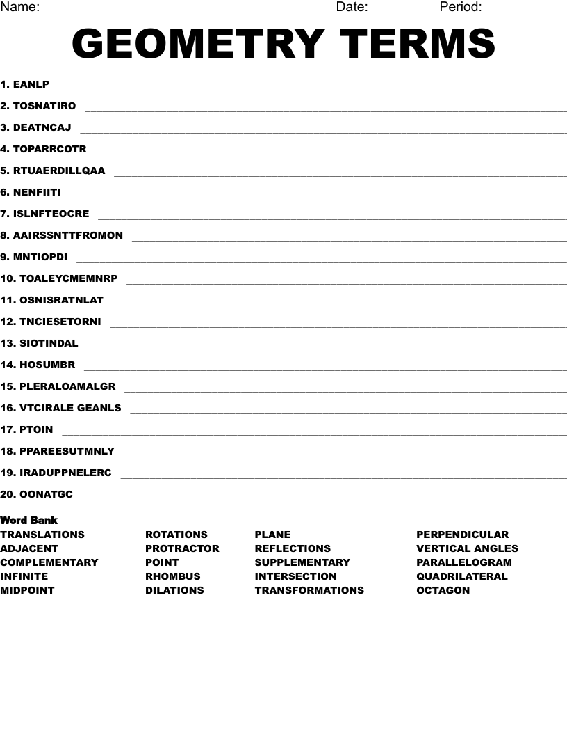GEOMETRY TERMS Word Scramble