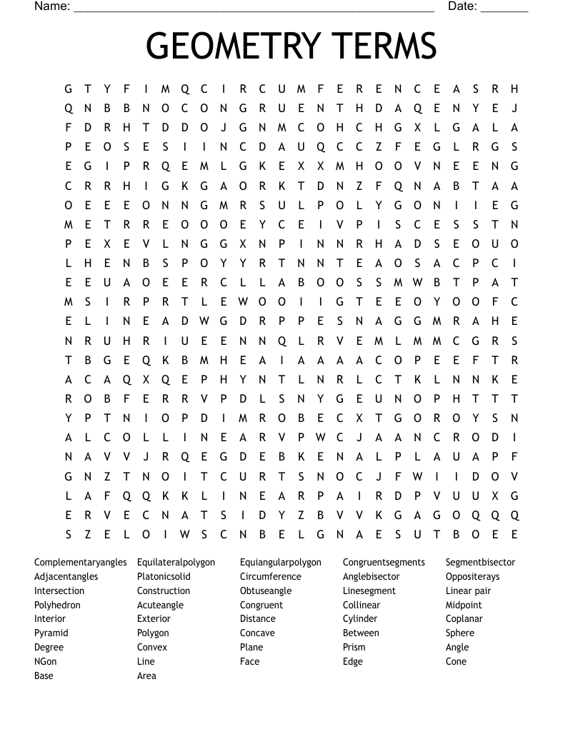GEOMETRY TERMS Word Search