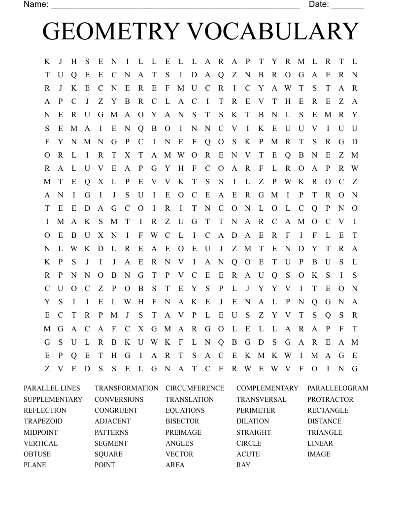 GEOMETRY VOCABULARY Word Search
