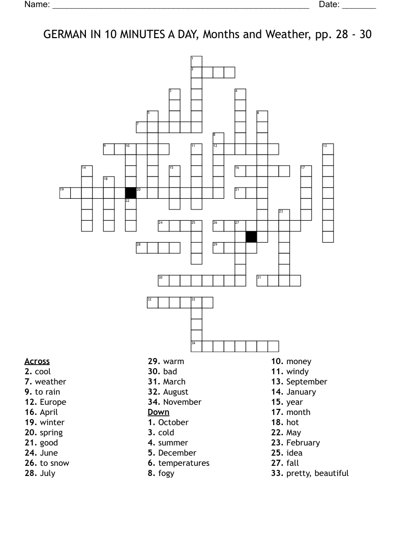 GERMAN IN 10 MINUTES A DAY, Months and Weather, pp. 28 - 30 Crossword