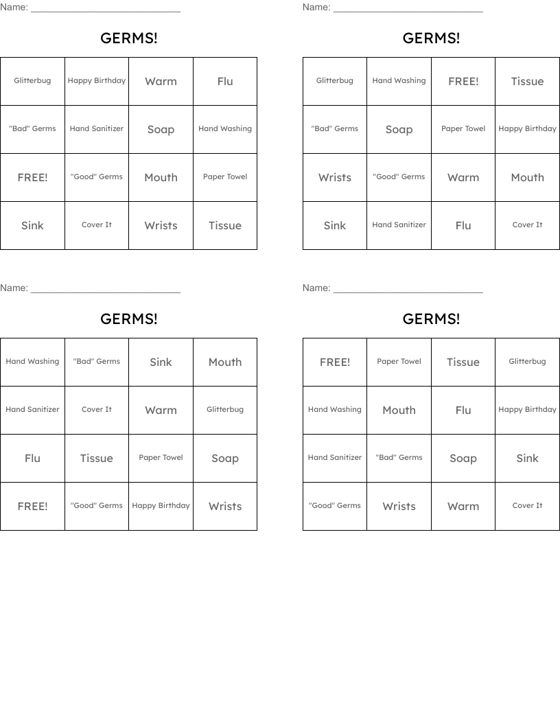 GERMS! Bingo Cards