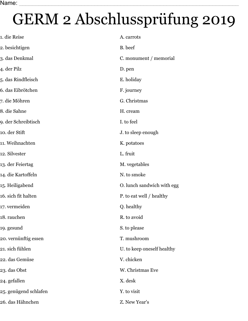 GERM 2 Abschlussprüfung 2019 Worksheet