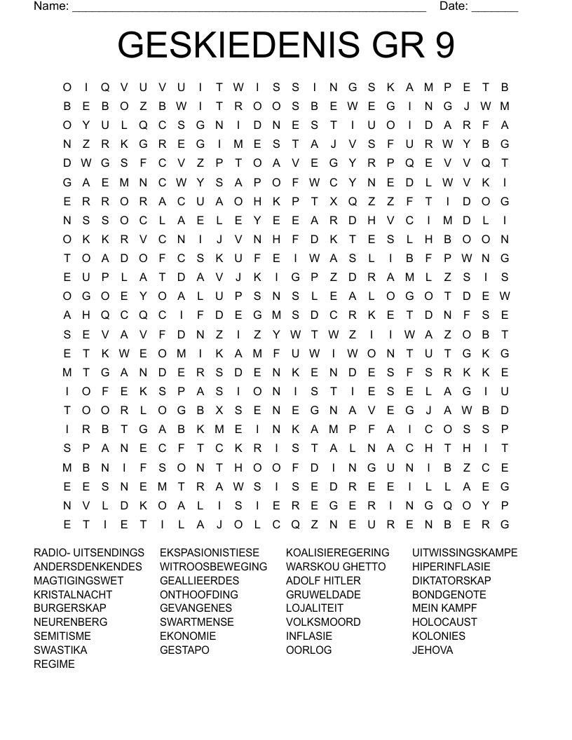 GESKIEDENIS GR 9 Word Search