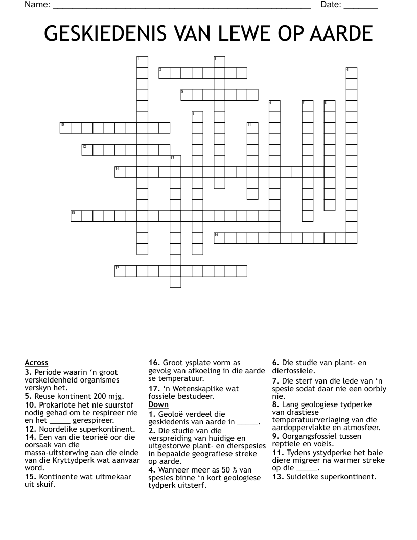 GESKIEDENIS VAN LEWE OP AARDE Crossword