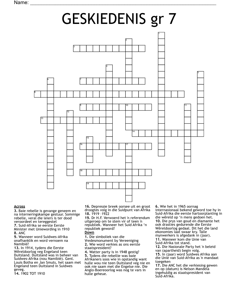 GESKIEDENIS gr 7  Crossword