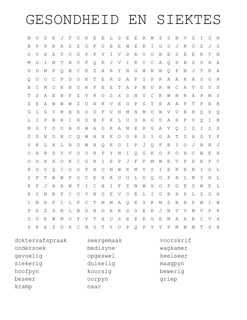 GESONDHEID EN SIEKTES Word Search