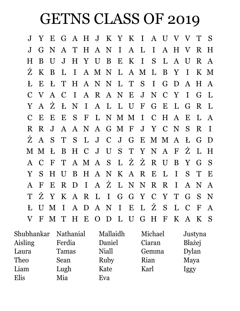 GETNS CLASS OF 2019 Word Search