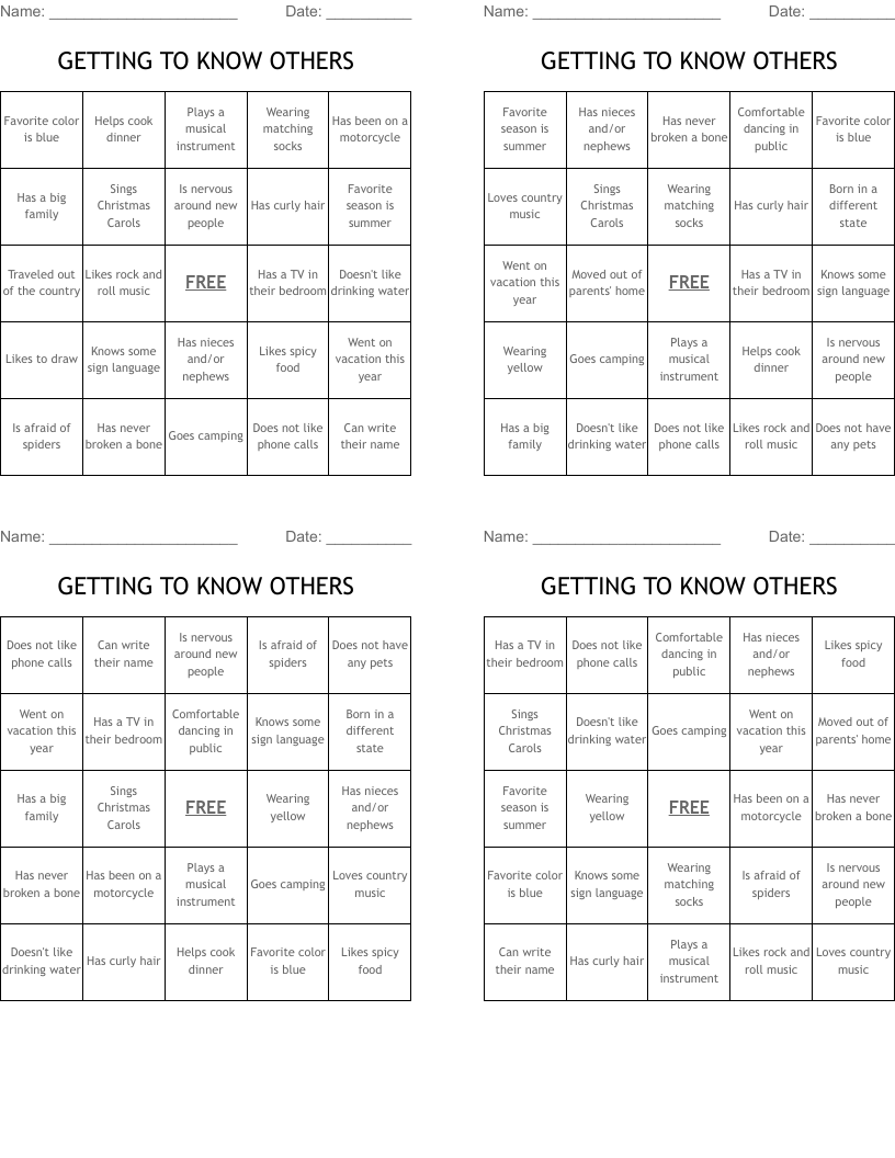GETTING TO KNOW OTHERS Bingo Cards