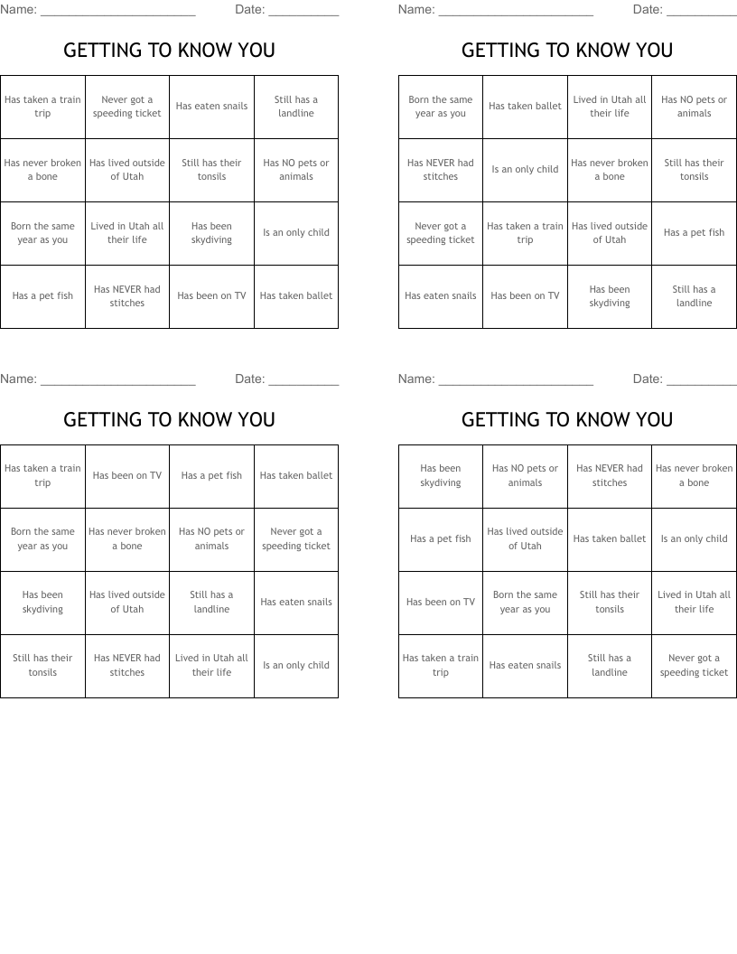 GETTING TO KNOW YOU Bingo Cards