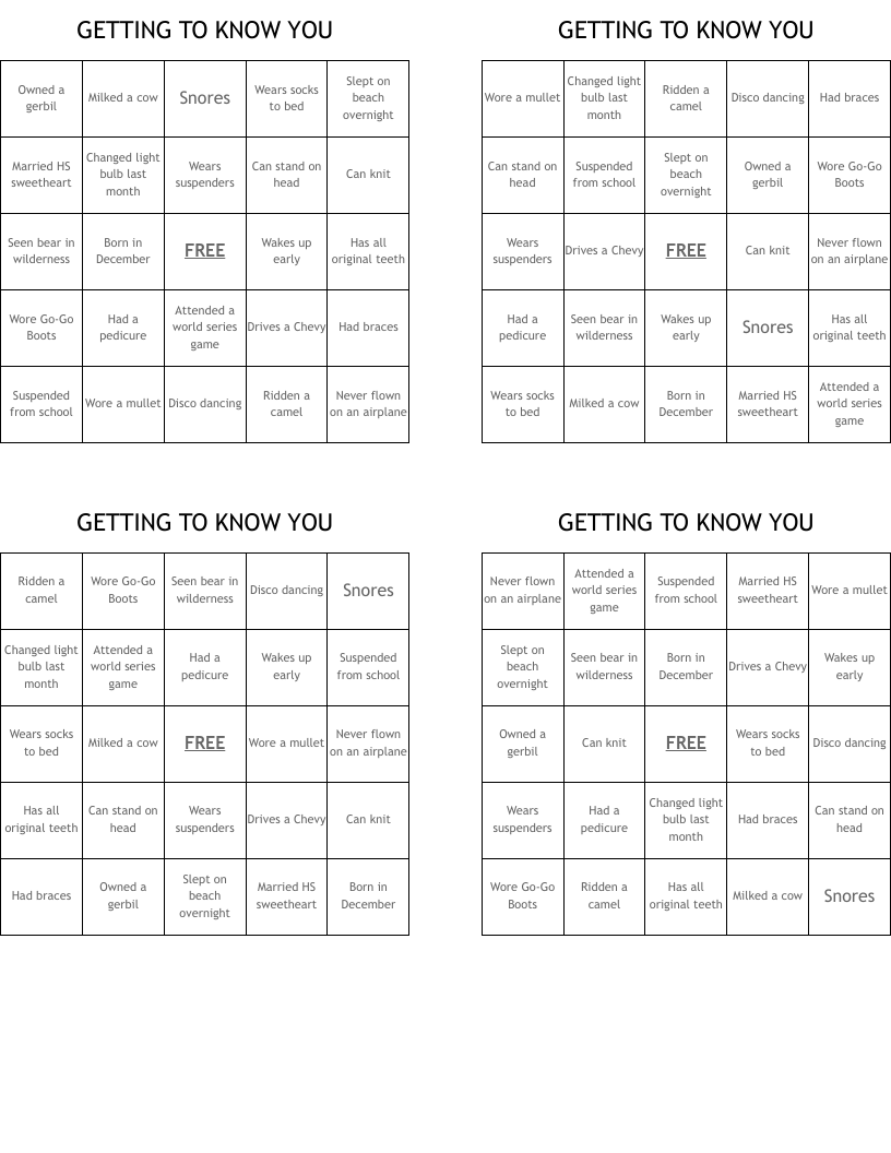 GETTING TO KNOW YOU Bingo Cards