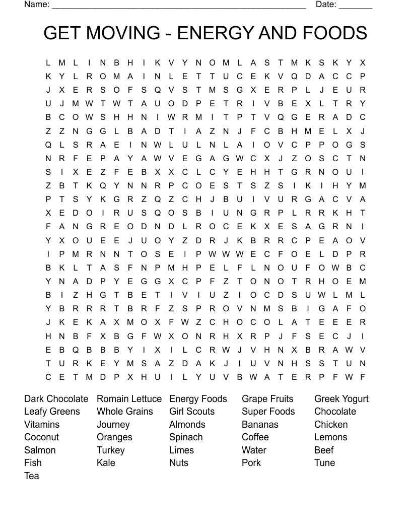 GET MOVING - ENERGY AND FOODS Word Search