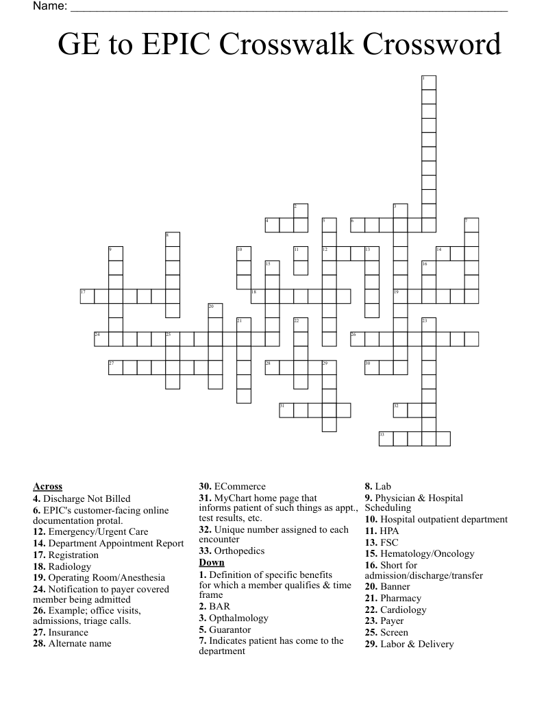 GE to EPIC Crosswalk Crossword