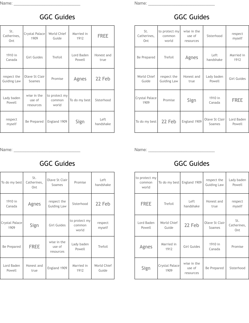 GGC Guides Bingo Cards