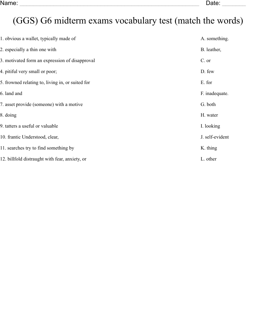 (GGS) G6 midterm exams vocabulary test (match the words) Worksheet