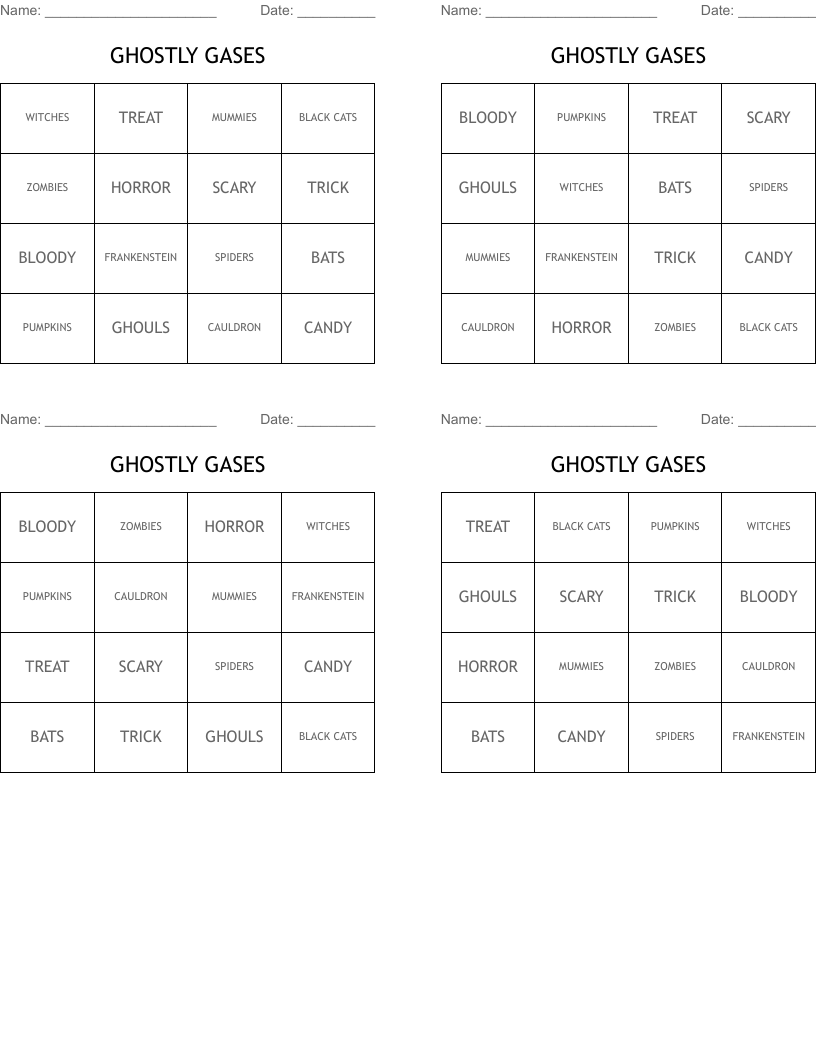 GHOSTLY GASES Bingo Cards