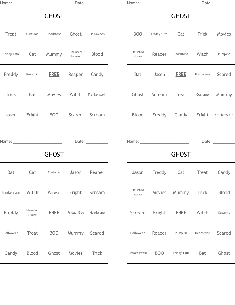 GHOST Bingo Cards