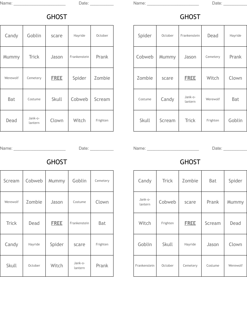 GHOST Bingo Cards