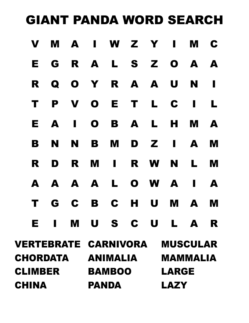 GIANT PANDA WORD SEARCH